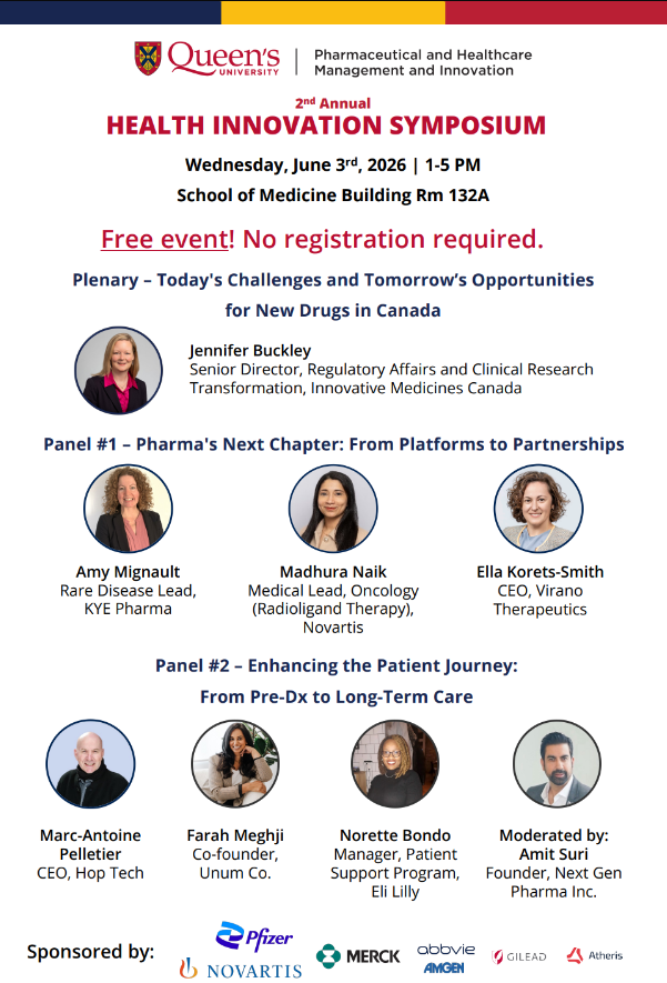 Health Innovation Symposium, taking place on June 3rd, 2026 from 1-5pm in the School of Medicine Building at Queen's. No registration is required.